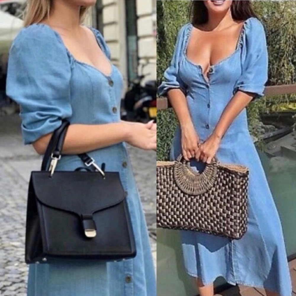 Zara Woman Chambray Button Down Midi Dress